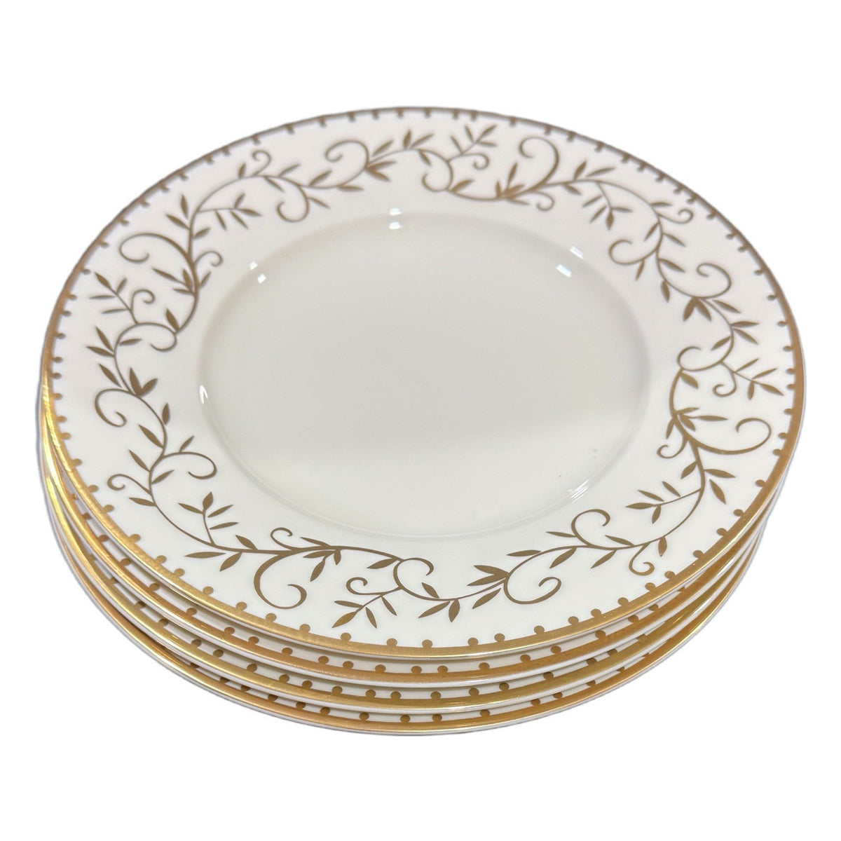 Crate & Barrel Elyse Buffet Salad Luncheon Plates Set of 4 Gold Vine Scroll
