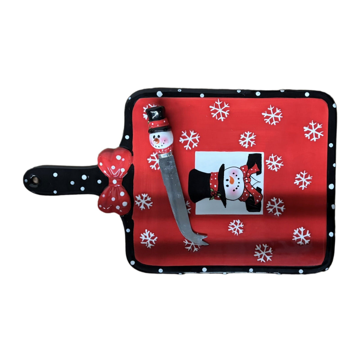 PIL Cheese Board & Knife Slicer Winter Christmas Charcuterie Tuxedo Snowman Red