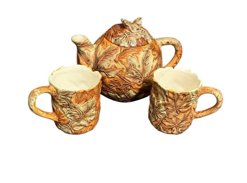 Rare Ceramic Teapot with Lid & 2 Mugs Embossed Autumn Leaves Coffee Tea Set