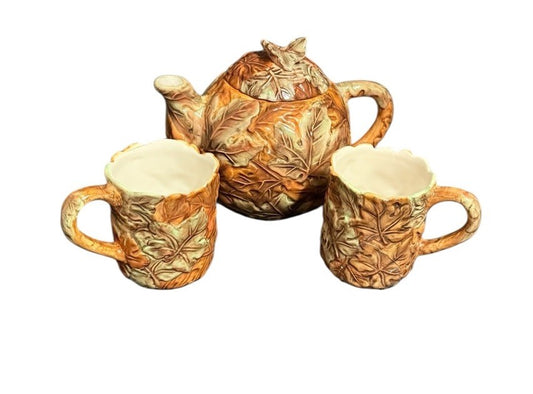 Rare Ceramic Teapot with Lid & 2 Mugs Embossed Autumn Leaves Coffee Tea Set