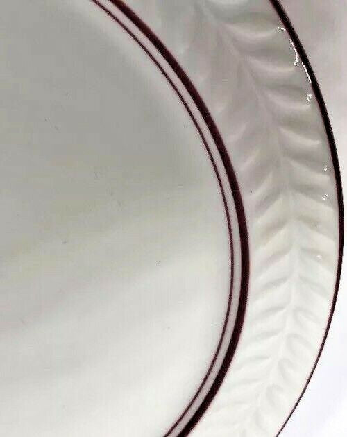 Vintage SHENANGO China 7-Dinner Plates Syracuse Embossed Laurel Red Band 10.5"D