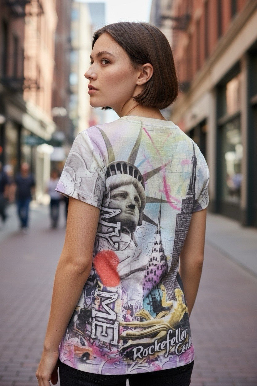 Miss Posh NY V-Neck Graphic Tee Small Statue of Liberty Empire State Top