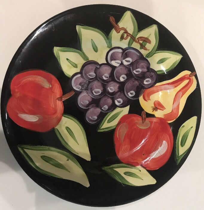 Tabletops Gallery MIDNIGHT Dinner Plate Hand Painted Black Assorted Fruits