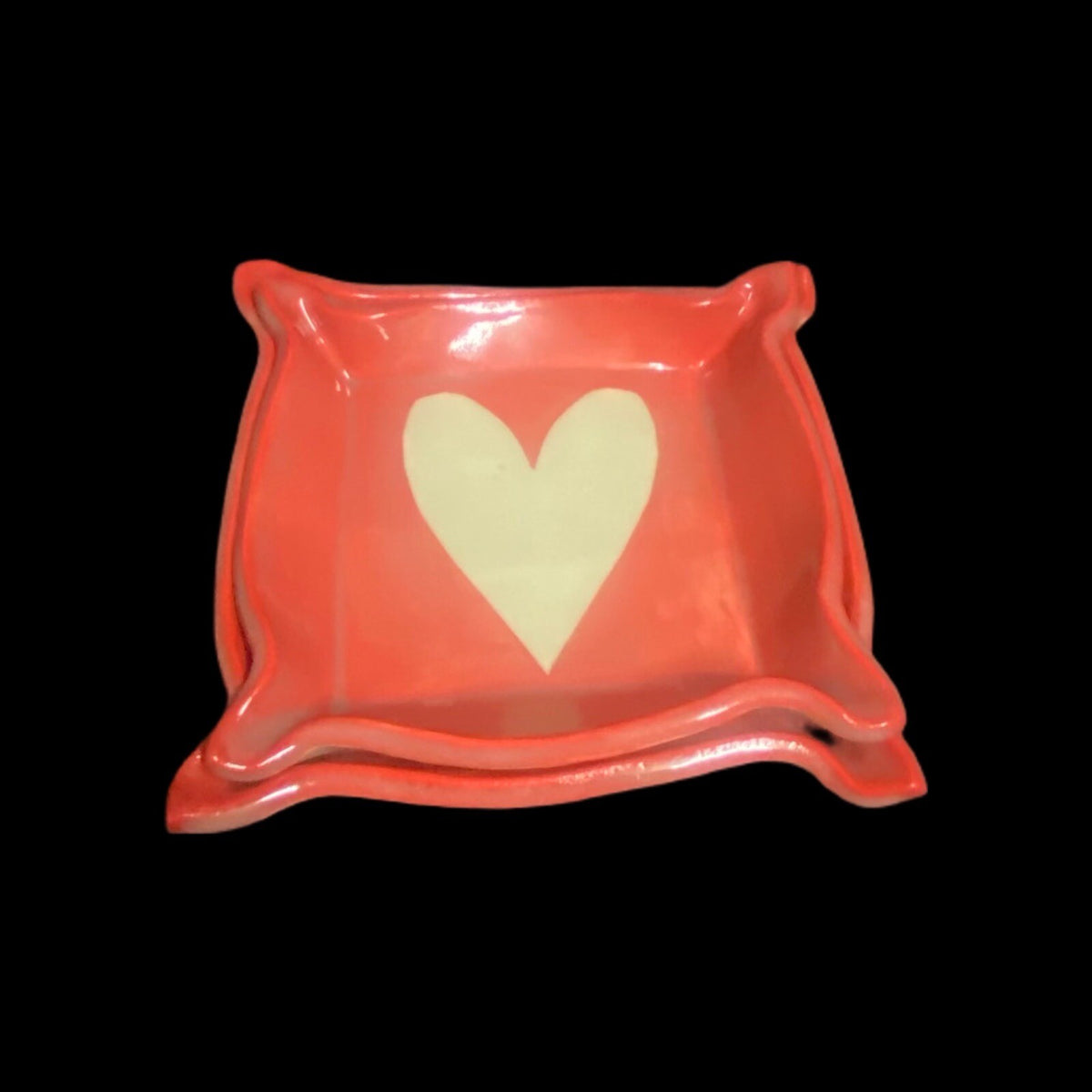 2-Trinket Red Dish White Heart Valentines Square Art Pottery Rings Tray Signed