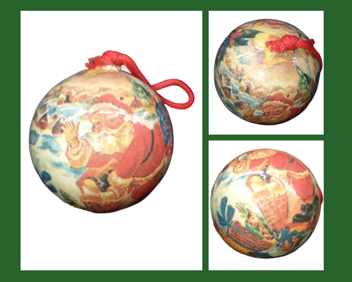 6-Vintage Santa Claus Papier Mache Medium Holiday Christmas Tree Ball Ornaments