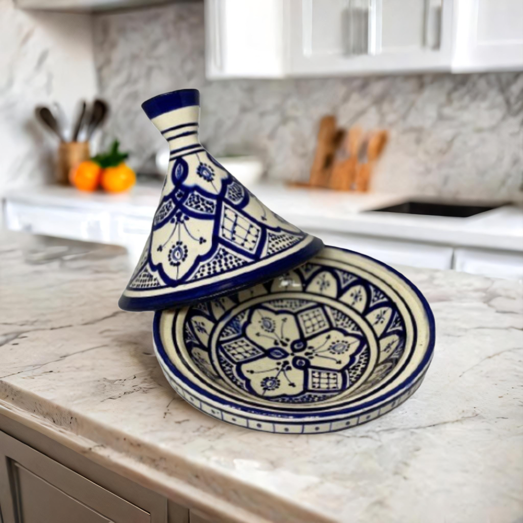Moroccan Tagine Dome Lid Blue Handcrafted HandPainted Terracotta 9 5/8”D Tajine