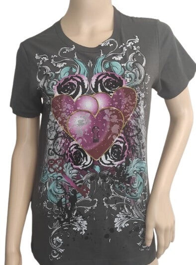 Next Level T-Shirt ABSTRACT Hearts & Flowers Graphic Neck Gray Tee MD Cotton Top