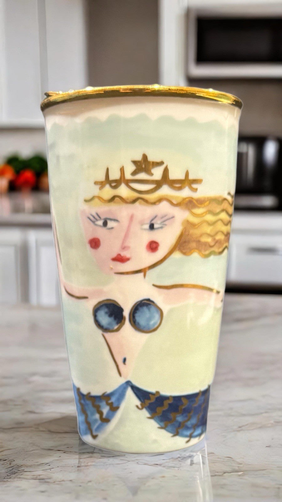 Starbucks Mermaid Tumbler 2014 12 oz Ceramic Gold Lid Rare Collector Cup