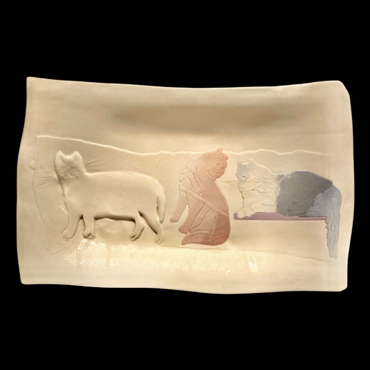 Vintage Raised Cats Platter Signed KAMRASS KIOK Embossed Clay NYC Studio Pottery