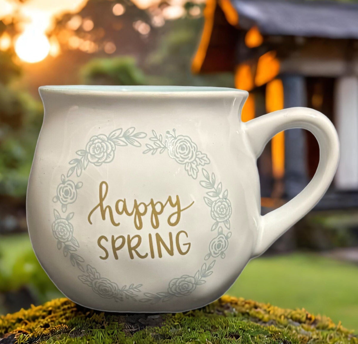 Threshold Mug HAPPY SPRING Coffee Tea Cup Target Stoneware White Gold Blue