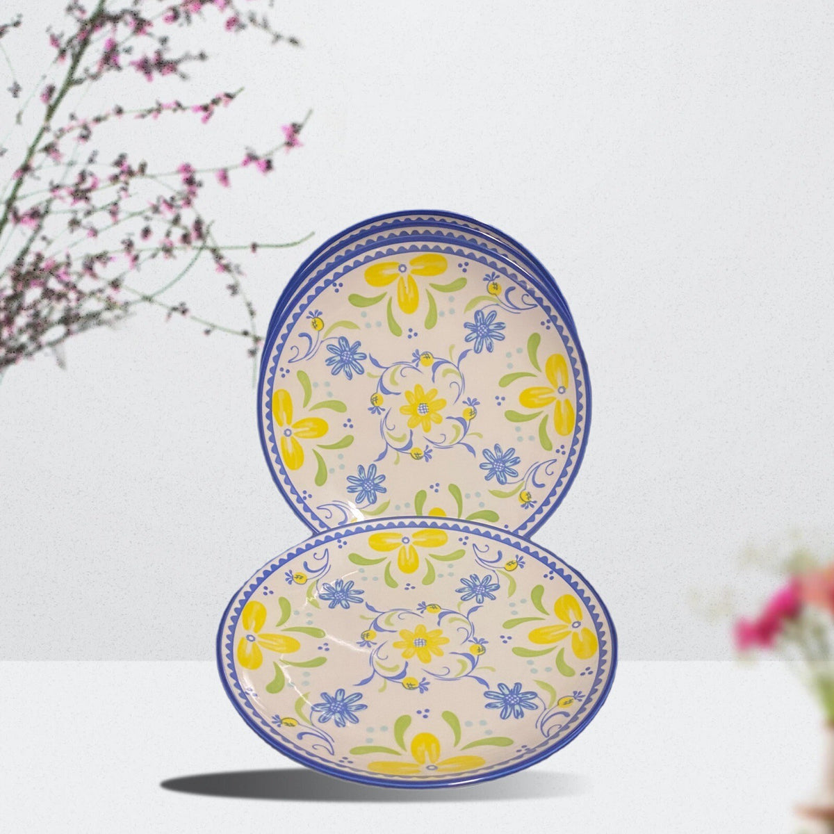 BAUM Tuscany 4-Salad Plates Blue Yellow Floral Ceramic Dessert Dish 8"D