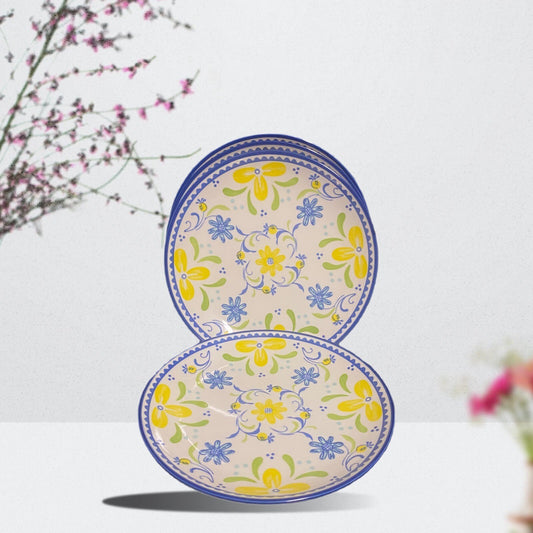 BAUM Tuscany 4-Salad Plates Blue Yellow Floral Ceramic Dessert Dish 8"D