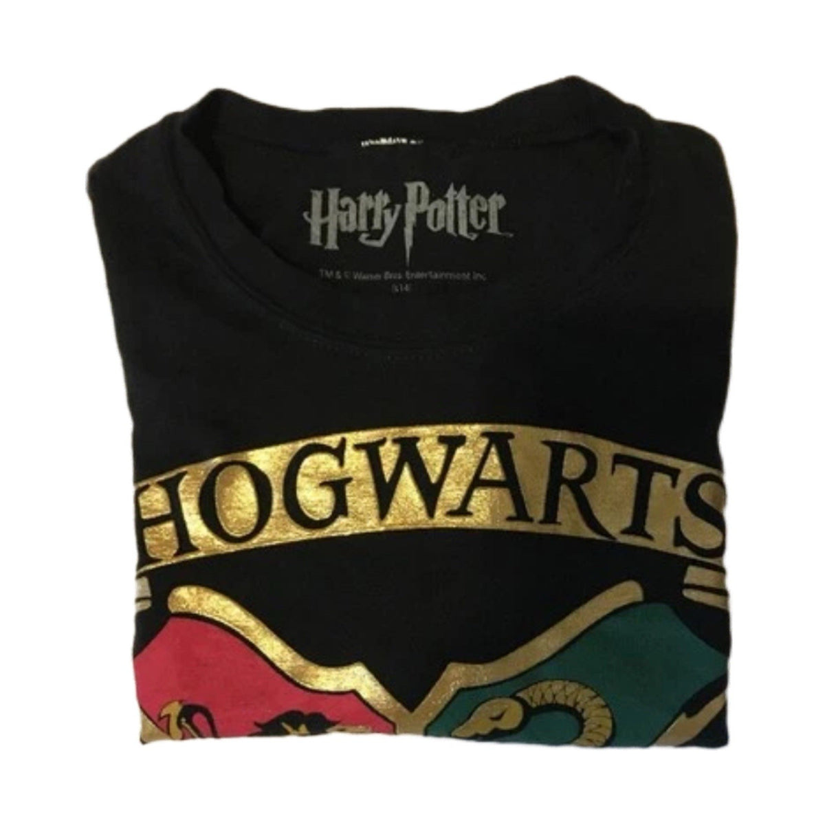 Harry Potter Hogwarts Black Tee Women’s M Warner Bros Gold Crest 100% Cotton
