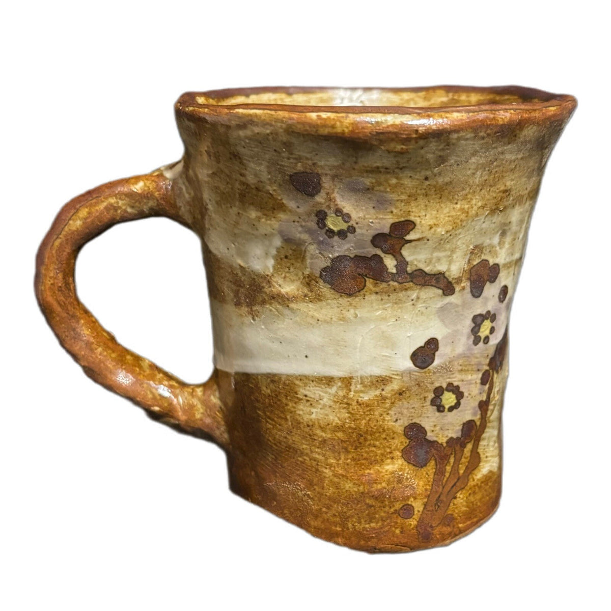 Art Pottery Handcrafted 2-Mugs Brown Greenish Shades Stoneware Tea Coffee Cups