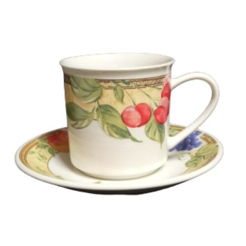Gibson Designs FRUIT GROVE 6-Cups & 6-Saucers Peaches Cherries Grapes Tea Coffee