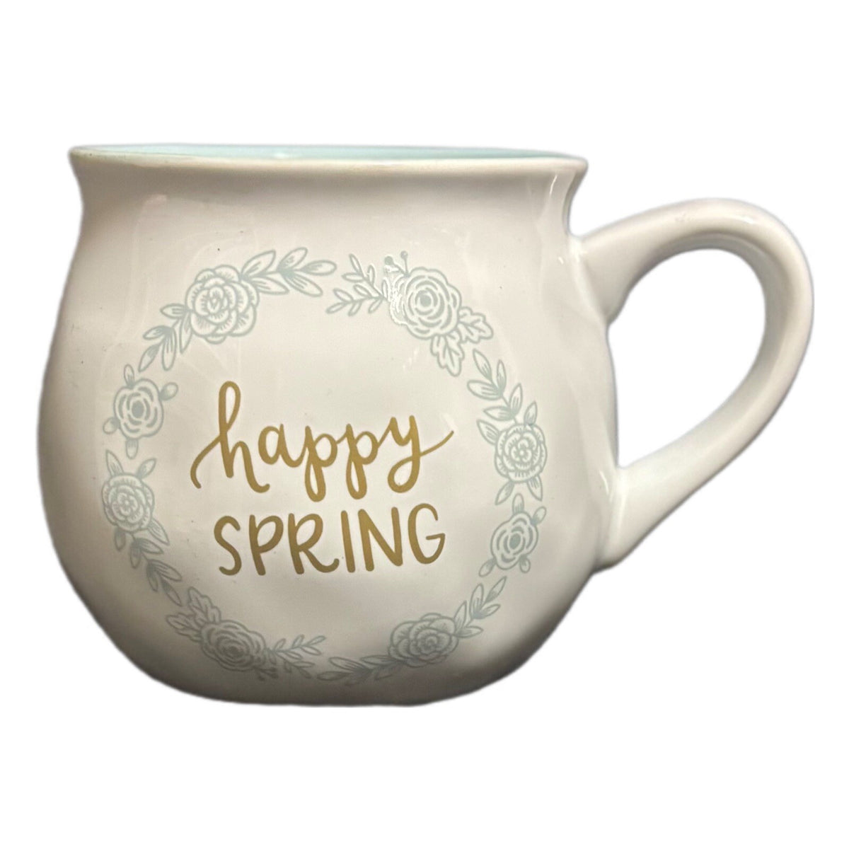 Threshold Mug HAPPY SPRING Coffee Tea Cup Target Stoneware White Gold Blue
