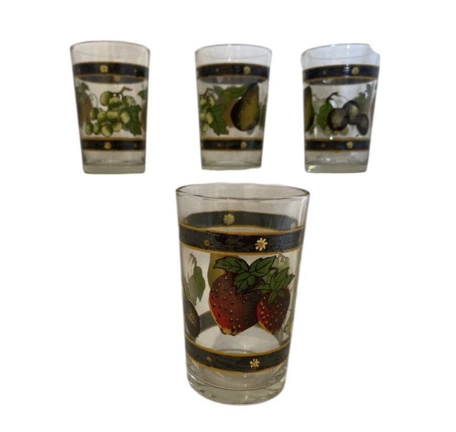 Vintage KIG Indonesia 4- Drinking Glass Fruit STRAWBERRY-GRAPE-PLUM-PEAR 6 fl.oz