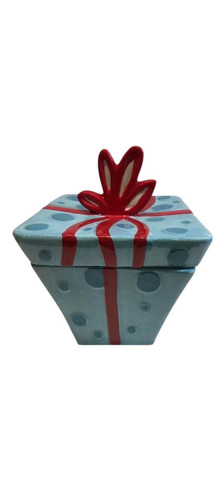 Sleigh Bell Bistro Ceramic Cookie Candy Jar Present Shape Aqua Red Bow Holiday