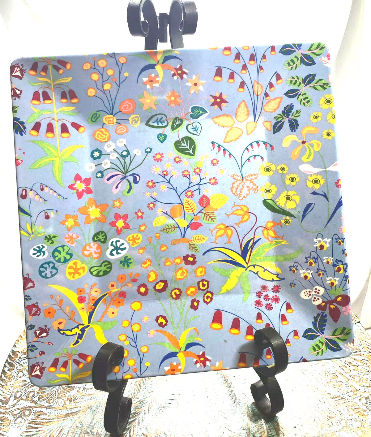 Cynthia Rowley Square Dinner Plates Set 5 Ilene Rosenzweig Blue Floral Melamine