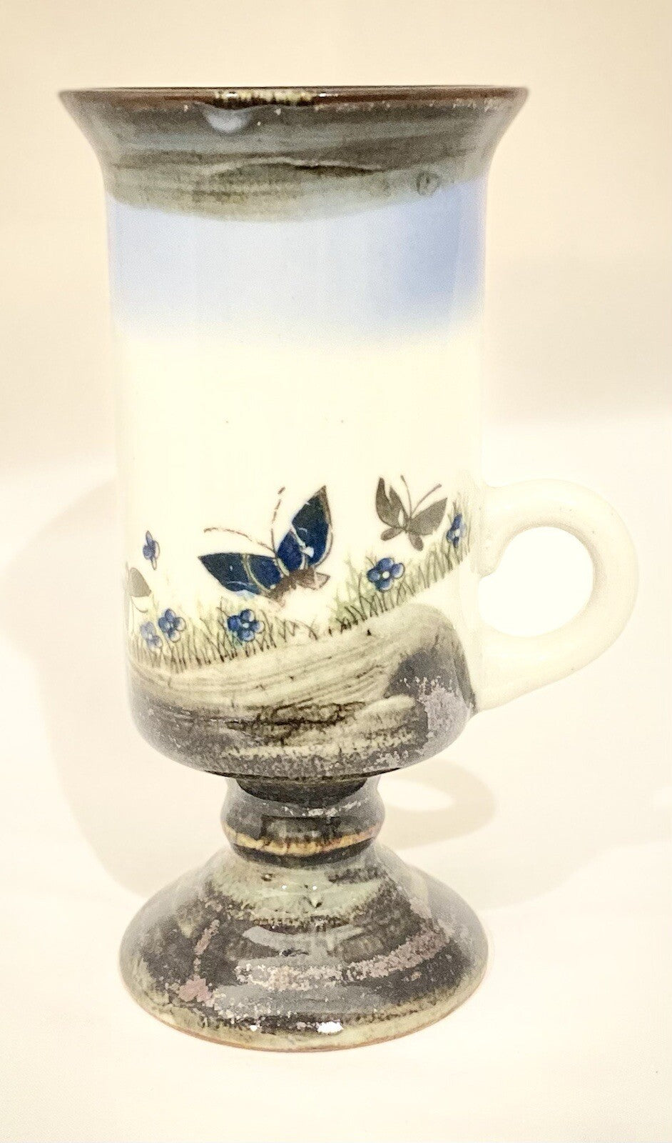 Vintage Otagiri Footed Pedestal Mug Butterflies Irish Cup Stoneware 5 1/2" H