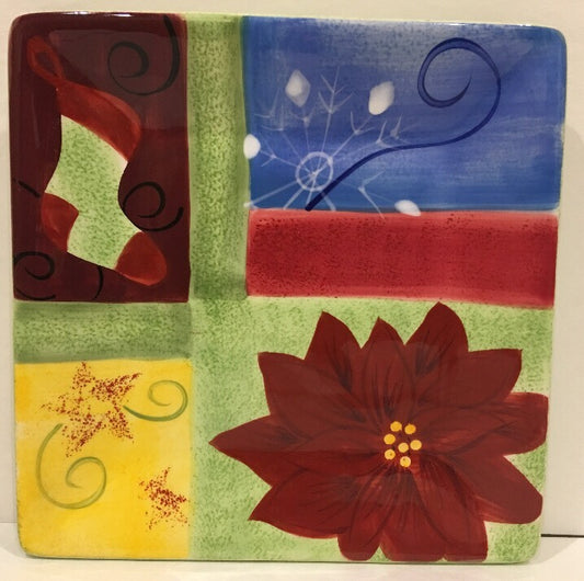 CORSICA HOME Holiday Quilt Hand-Painted Square Salad Dessert Plate 8 3/8"D