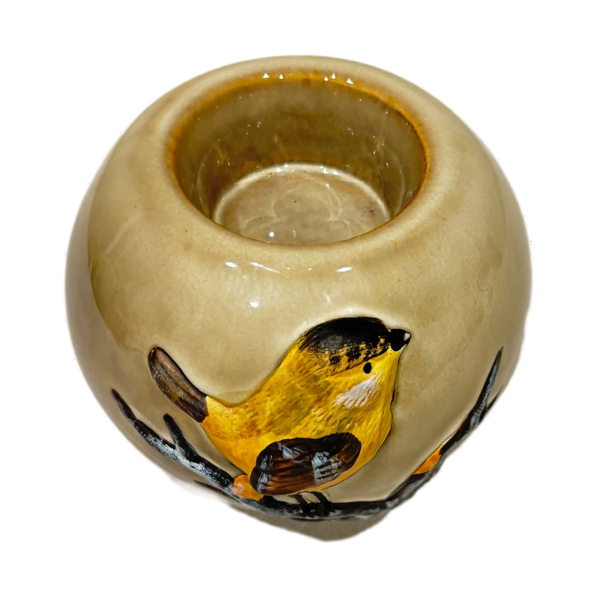 Art Pottery Tealight Candle Holder 3D Yellow Bird on Branch Round Ceramic No Lid