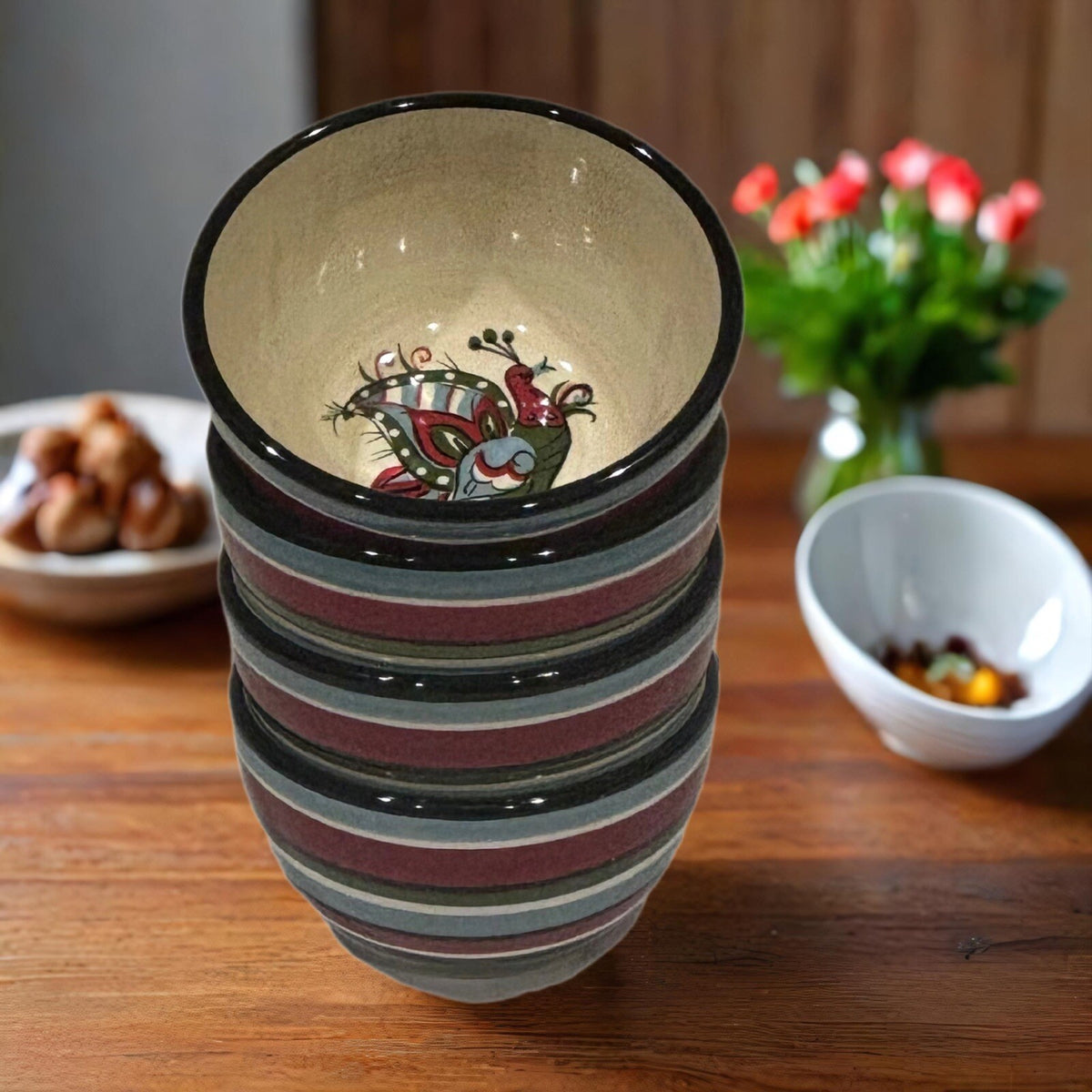 Tabletops Unlimited BOULEVARD 4 Cereal Bowls Hand Painted Bird Striped Soup Dish