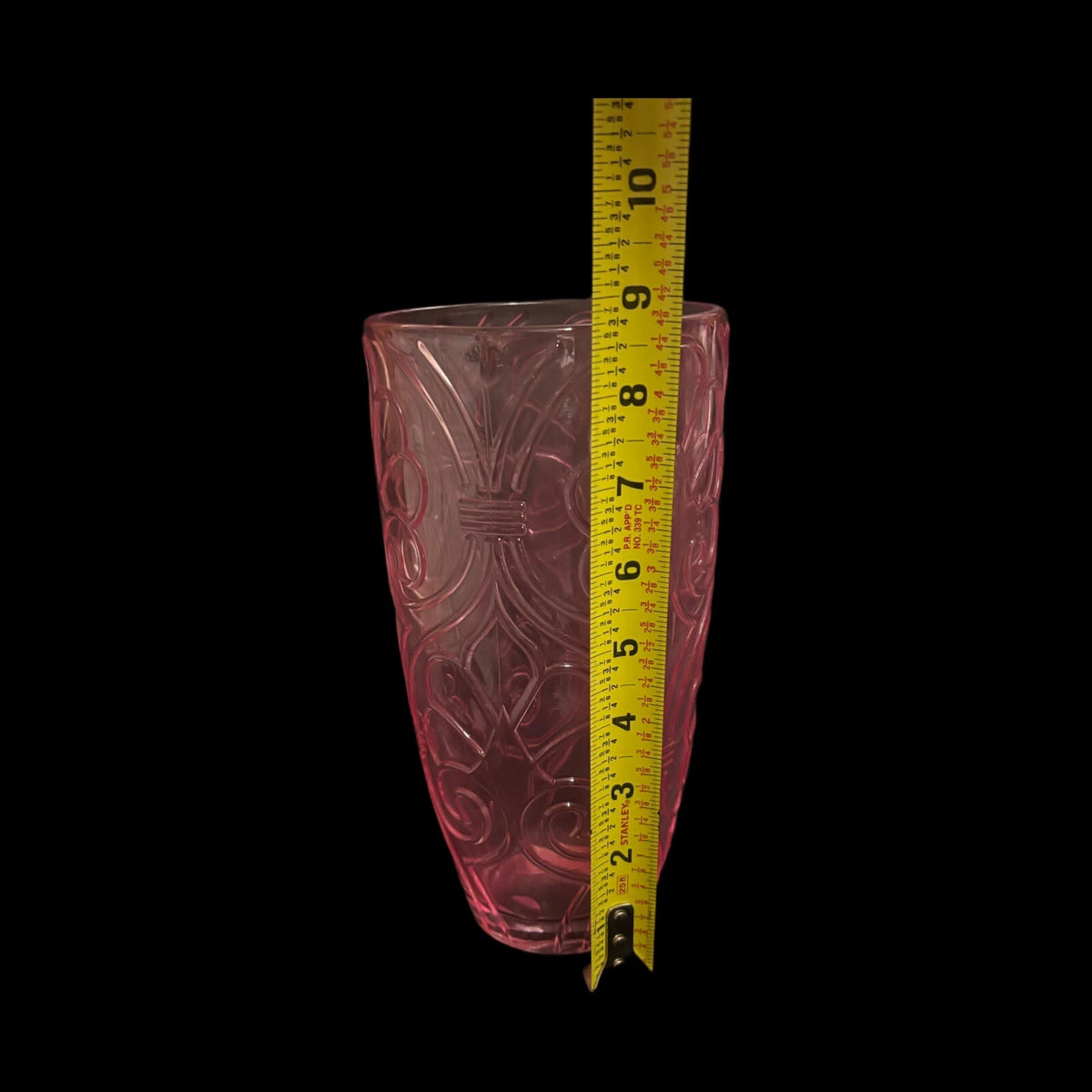 PINK VASE Tall Glass Intricate Molded Designs Pressed Glass
