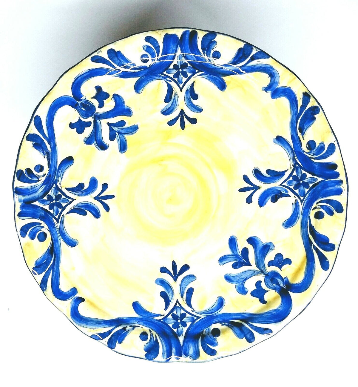Classic Round Yellow Blue Ceramic Pedestal Cake Cupcakes Scalloped Serving Dish