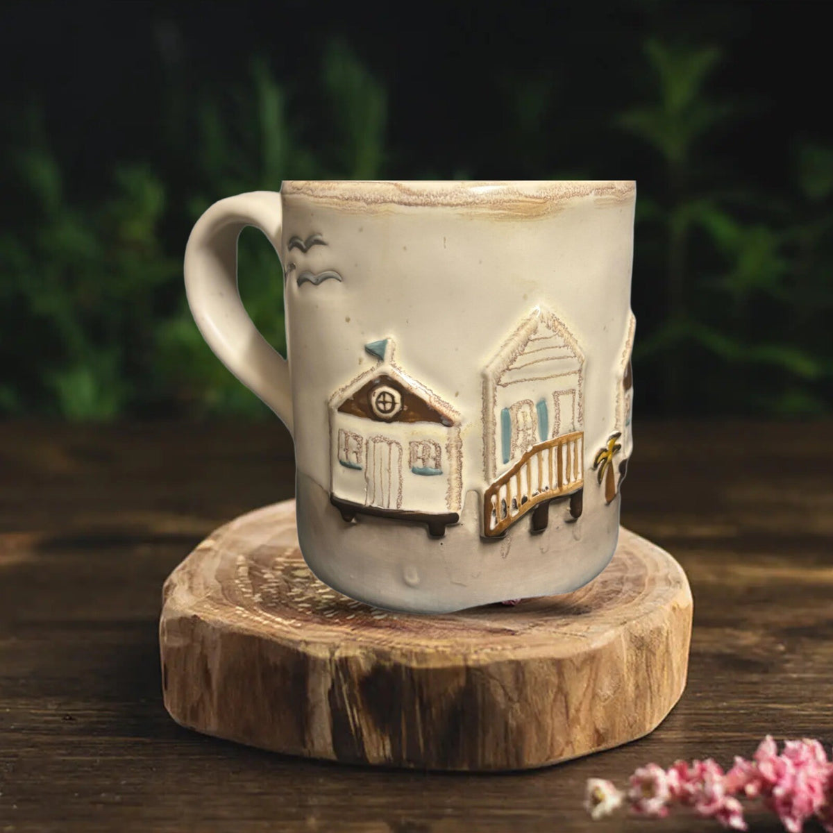 Mud Pie 3D Mug Ocean View Homes Seagulls Birds Beach Coffee Tea Stoneware Cup