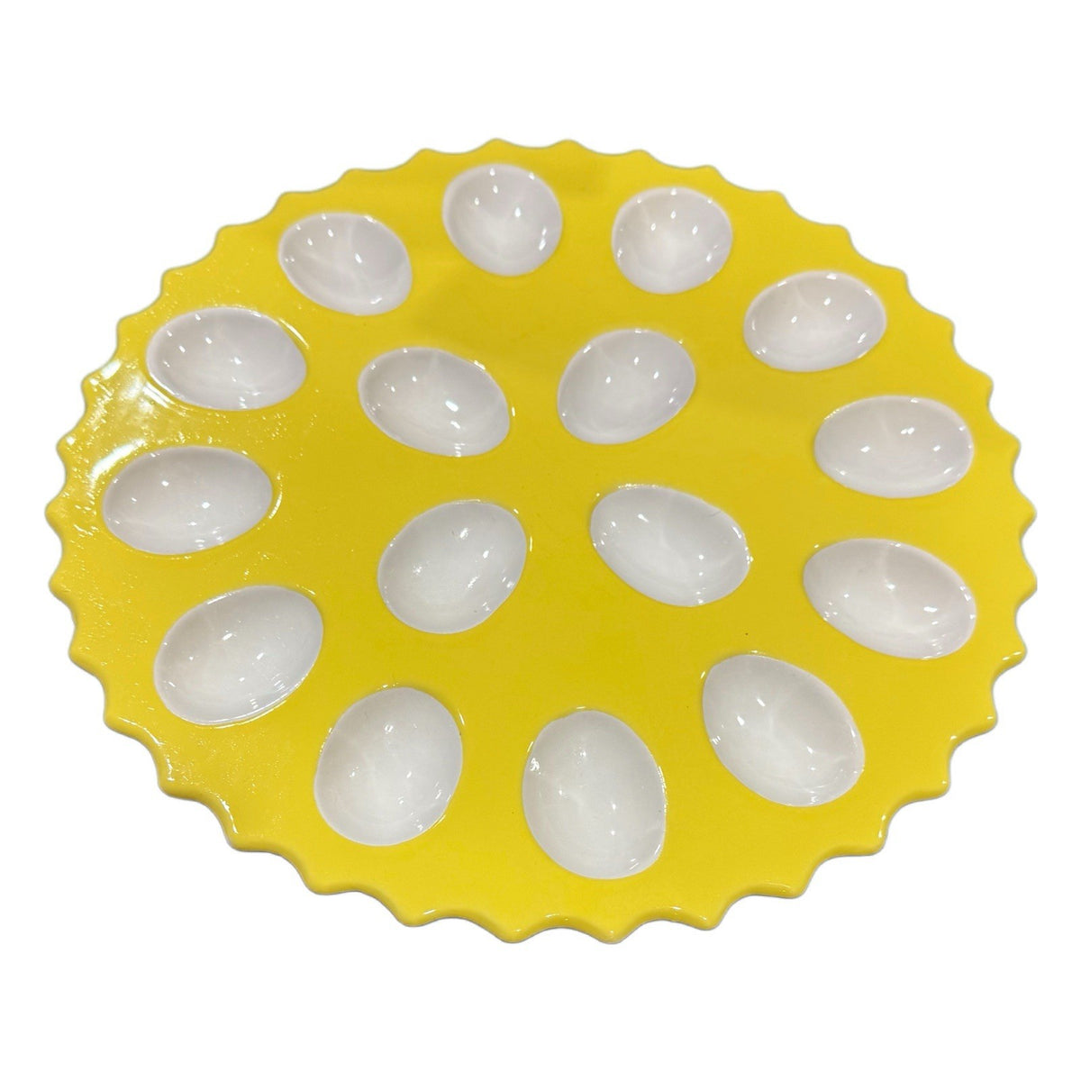 Kate Williams Yellow Deviled Egg Tray Plate 12” Round Holds 16 Eggs Global Desig