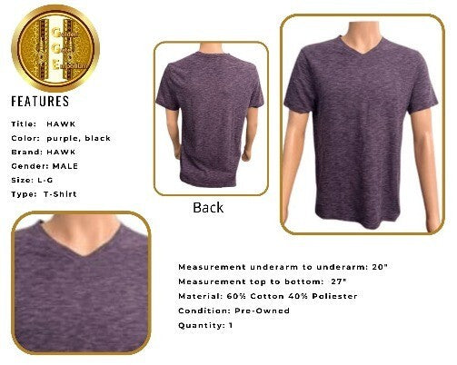 T-Shirt Hawk Purple Black Men Top Purple Black Crew Neck LG. Top