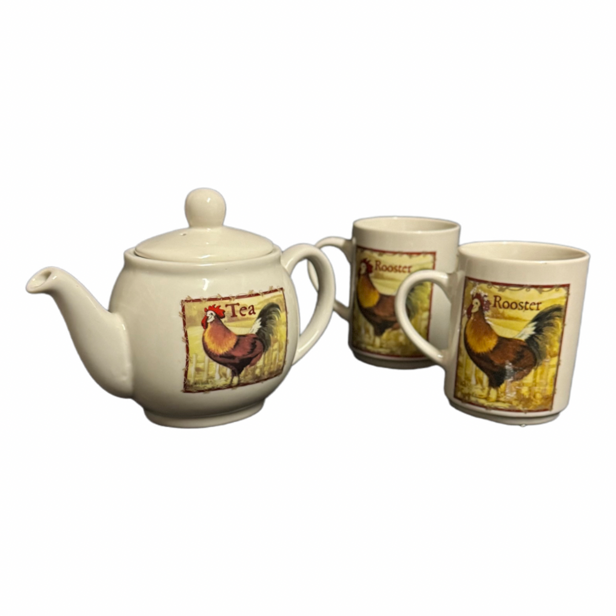 Bay Island Rooster Teapot & 2 Mugs Set Ceramic Farmhouse Chicken Theme