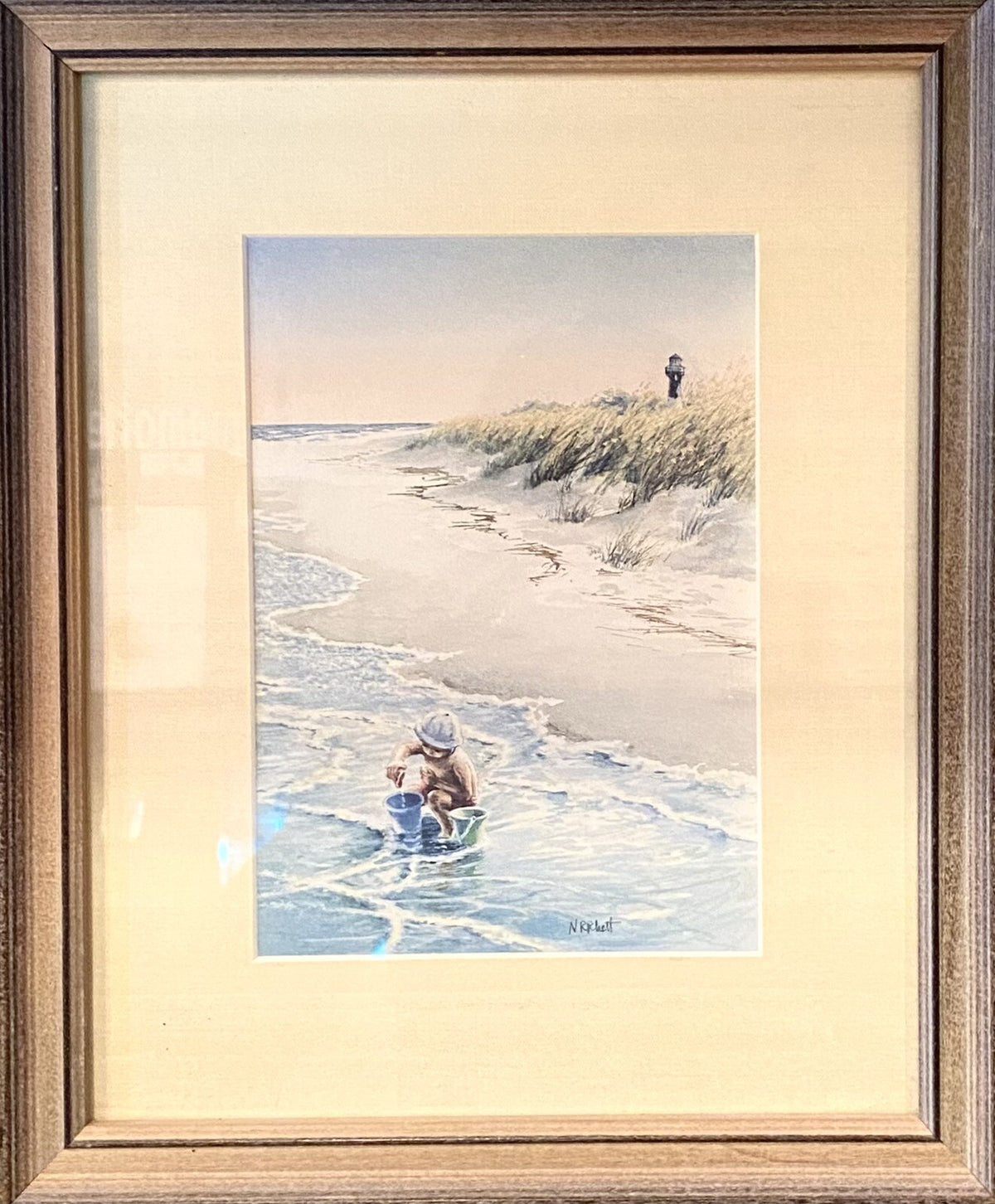 Nancy Ricker Rhett Signed Watercolor Print Child at Beach 11 x 9.5 Inches Framed