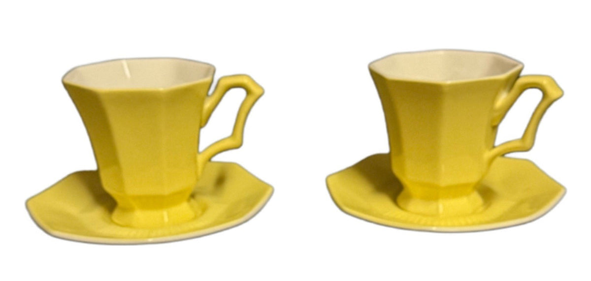 Independence Ironstone Castleton Yellow Demitasse 2-Cups 2-Saucers Japan Set