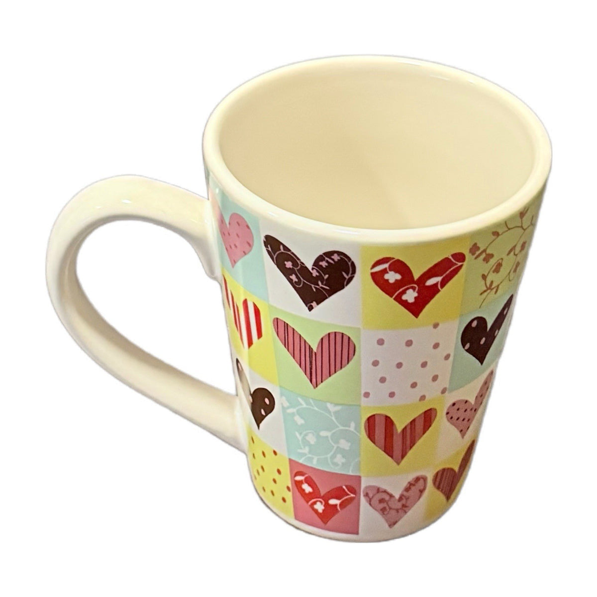 REAL HOME Mug Let Us Entertain You Colorful Hearts 10 Oz Ceramic Coffee Cup