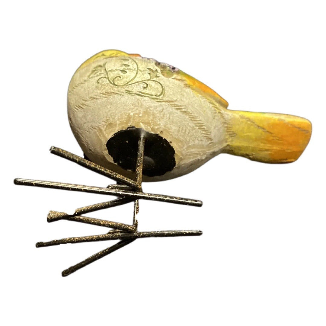Hand Painted Ceramic Bird Figurine with Butterfly | Green Yellow Metal Accents