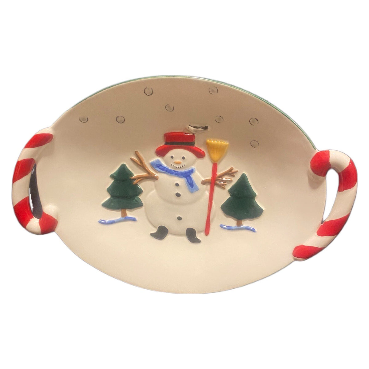 Vintage Pfaltzgraff Oval Platter Mexico Winter Ceramic Tray Candy Cane Snowman