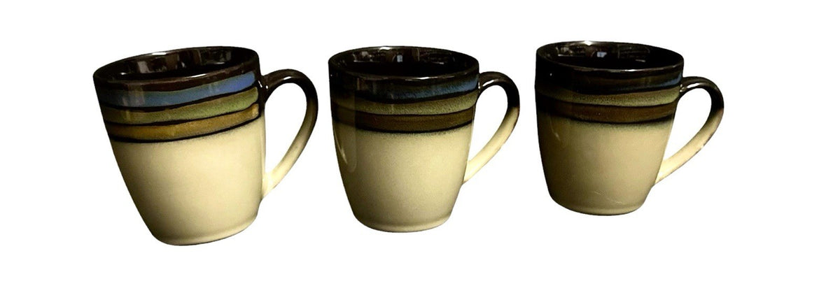 Pfaltzgraff Galaxy Stoneware Coffee Mugs Set of 3 Tan Multicolor Striped 12 Oz.