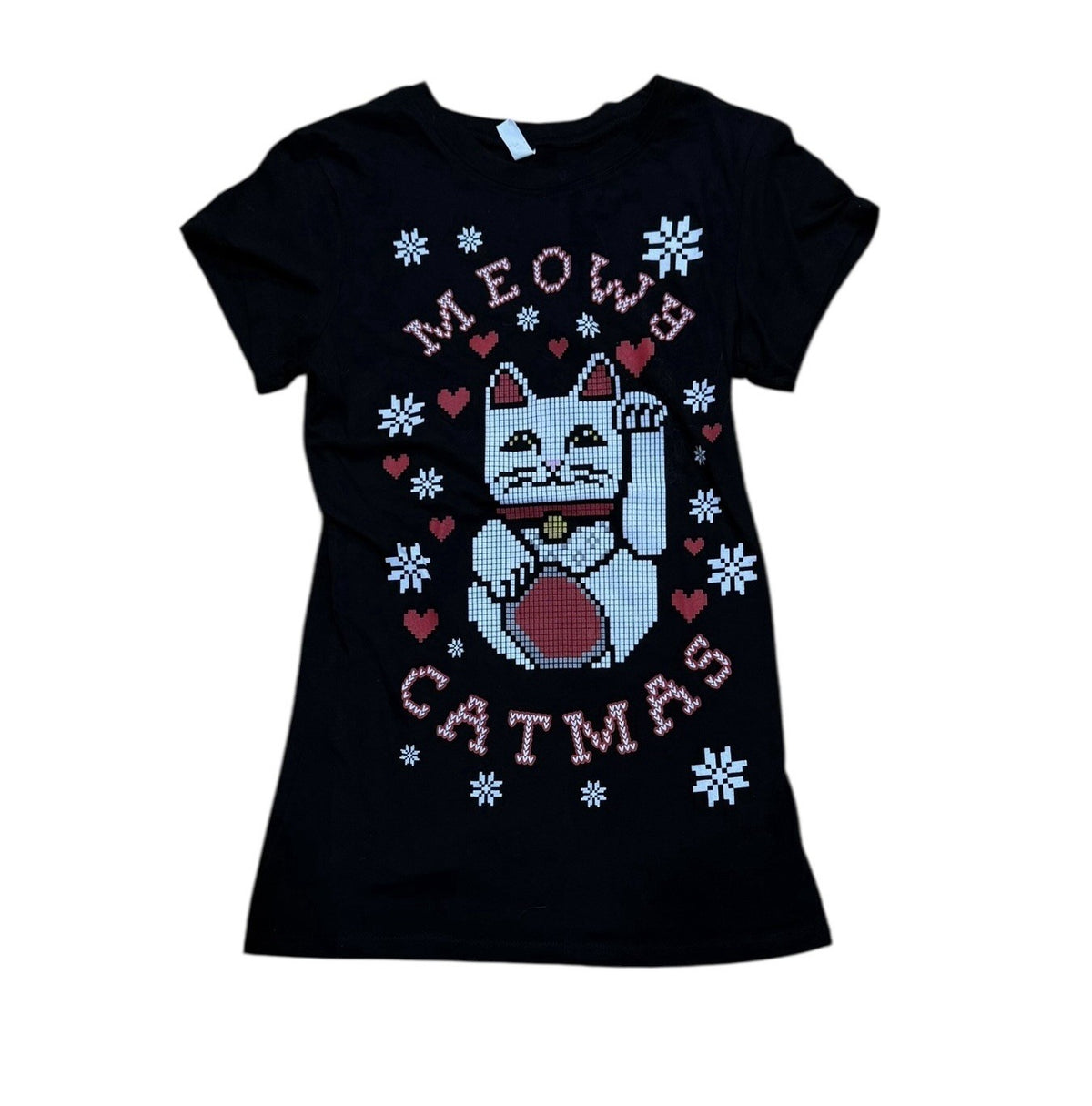 Christmas Holiday Women Graphic T-Shirt MEOW CATMAS Short Sleeves Cat Tee Top L