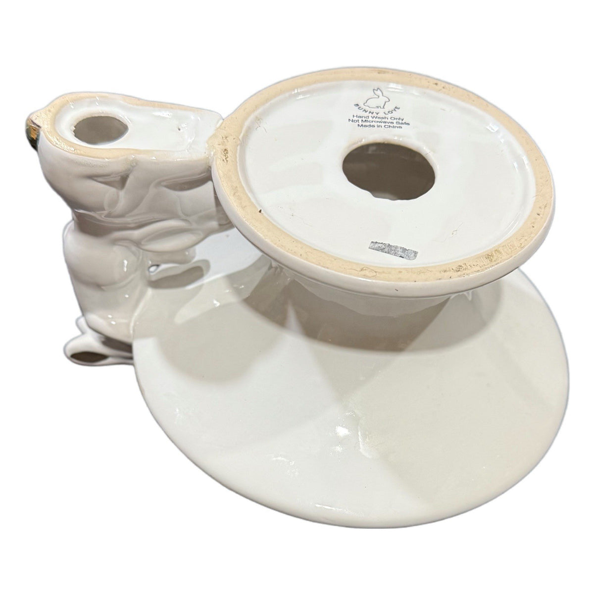 White Ceramic Bunny Pedestal Plate with Gold Ears – Cake Stand or Trinket Dish