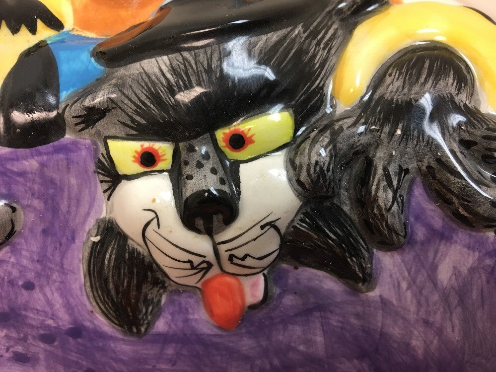 Fitz & Floyd KITTY WITCHES Halloween HandCrafted Ceramic Deep Platter Candy Bowl