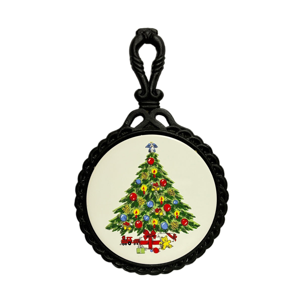 Vintage Wrought Iron 2-TRIVET Ceramic Tile Christmas Holiday Wall Hanging Cast