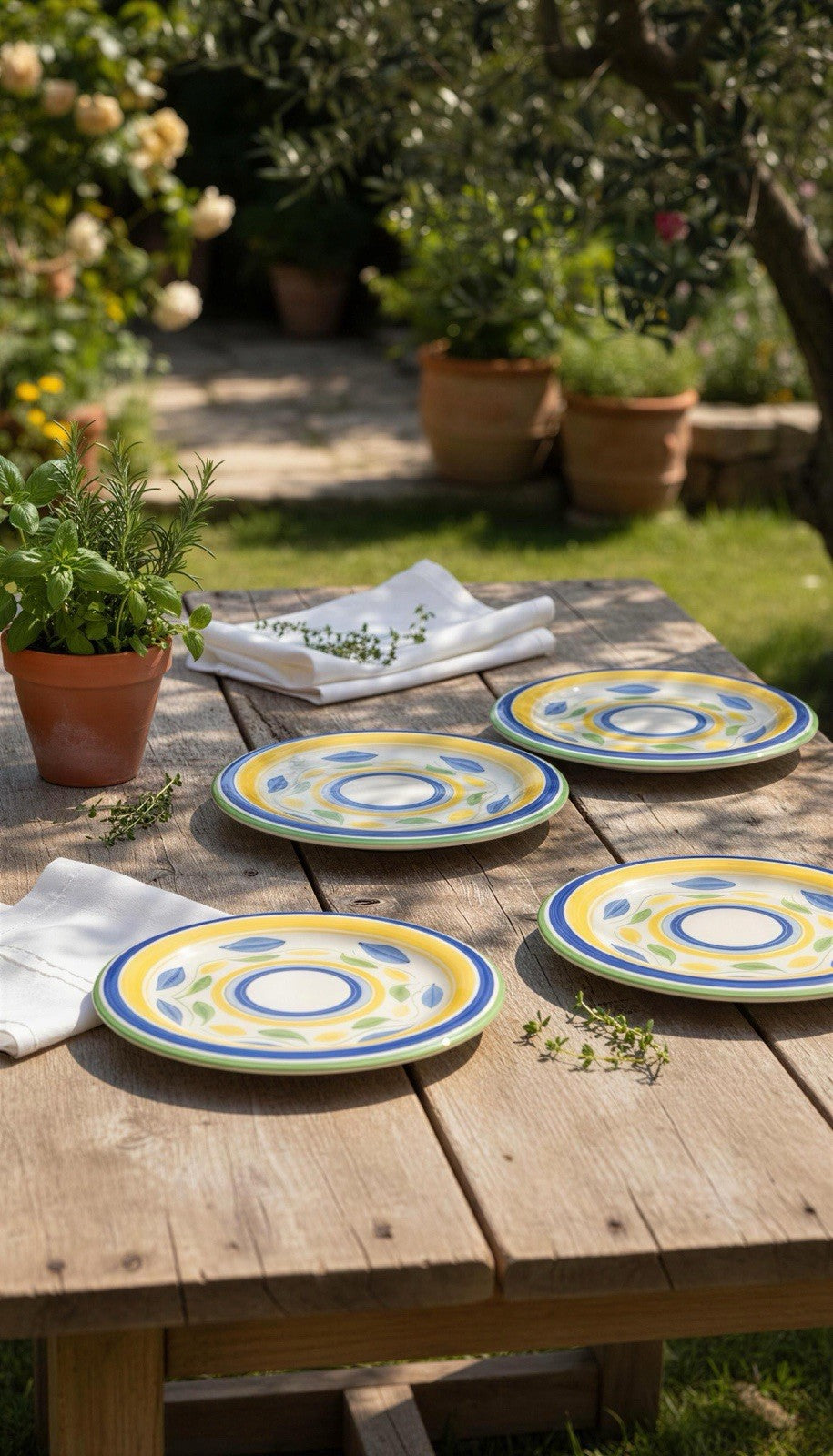 Gibson Everyday Amano Dinner Plates Set of 4 10 1/2” D Blue Yellow Leaves China