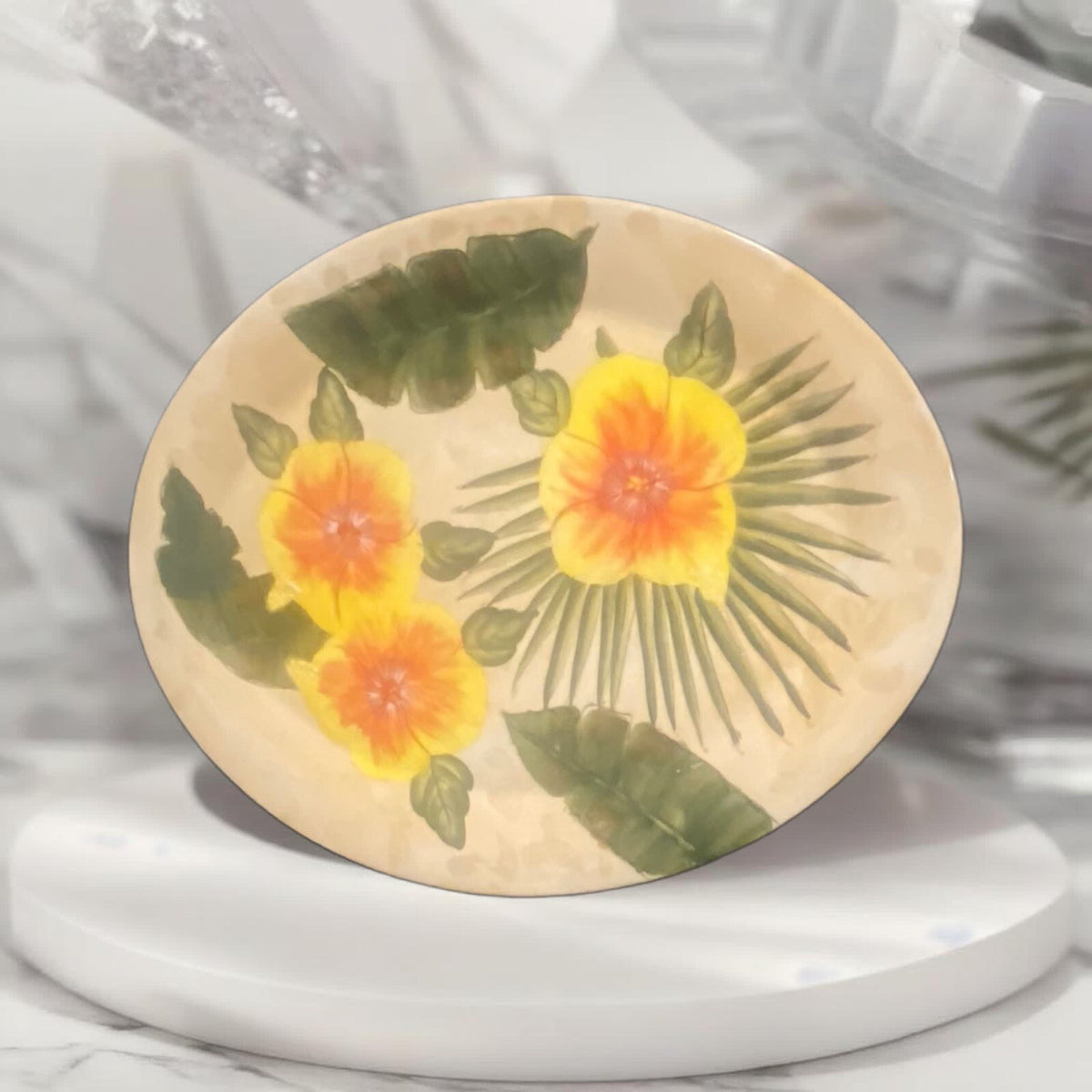 GARDEN RIDGE Pottery Oval Serving Platter Ceramic Floral Palm Leaves Tray