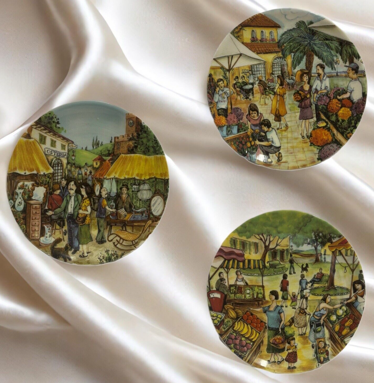 Vintage MARKET SCENE 3-Salad Plates Dessert Appetizer Dish Italy 8 1/4" D