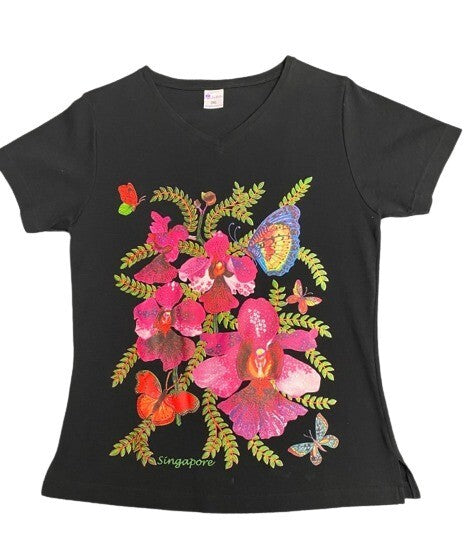 La Belle T-Shirt Flower Butterfly Black Top V Neck Short Sleeves 3XL Tee