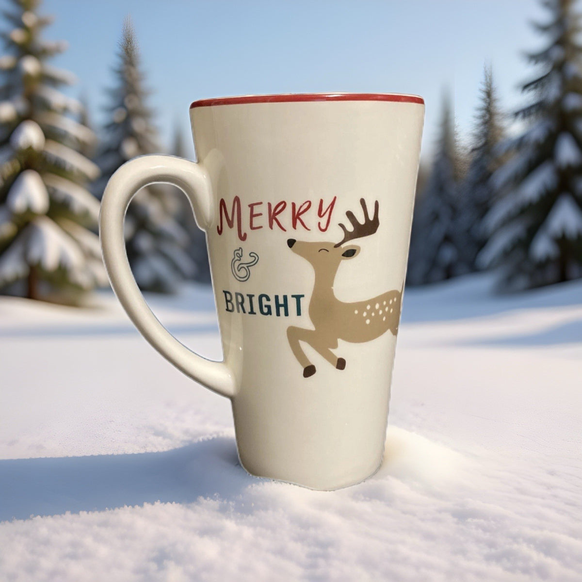 Holiday Home Latte Mug MERRY & BRIGHT Christmas Coffee Tea Reindeer Cup 16 oz.