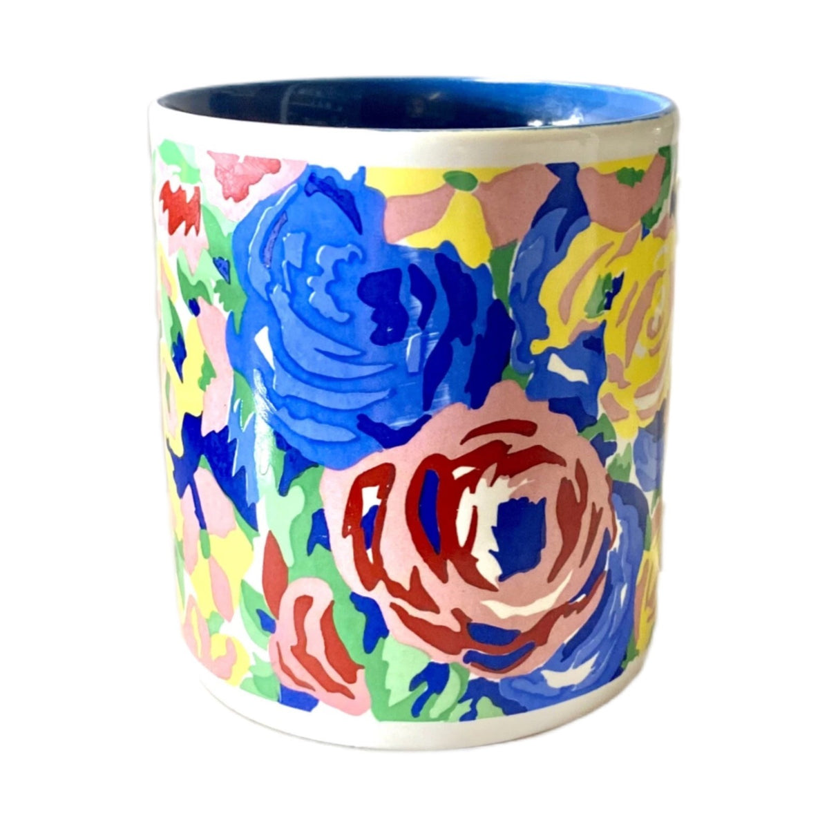 KIC Franco Hand Painted Style Floral Coffee Mugs Set 4 Blue Interior Korea 10 oz