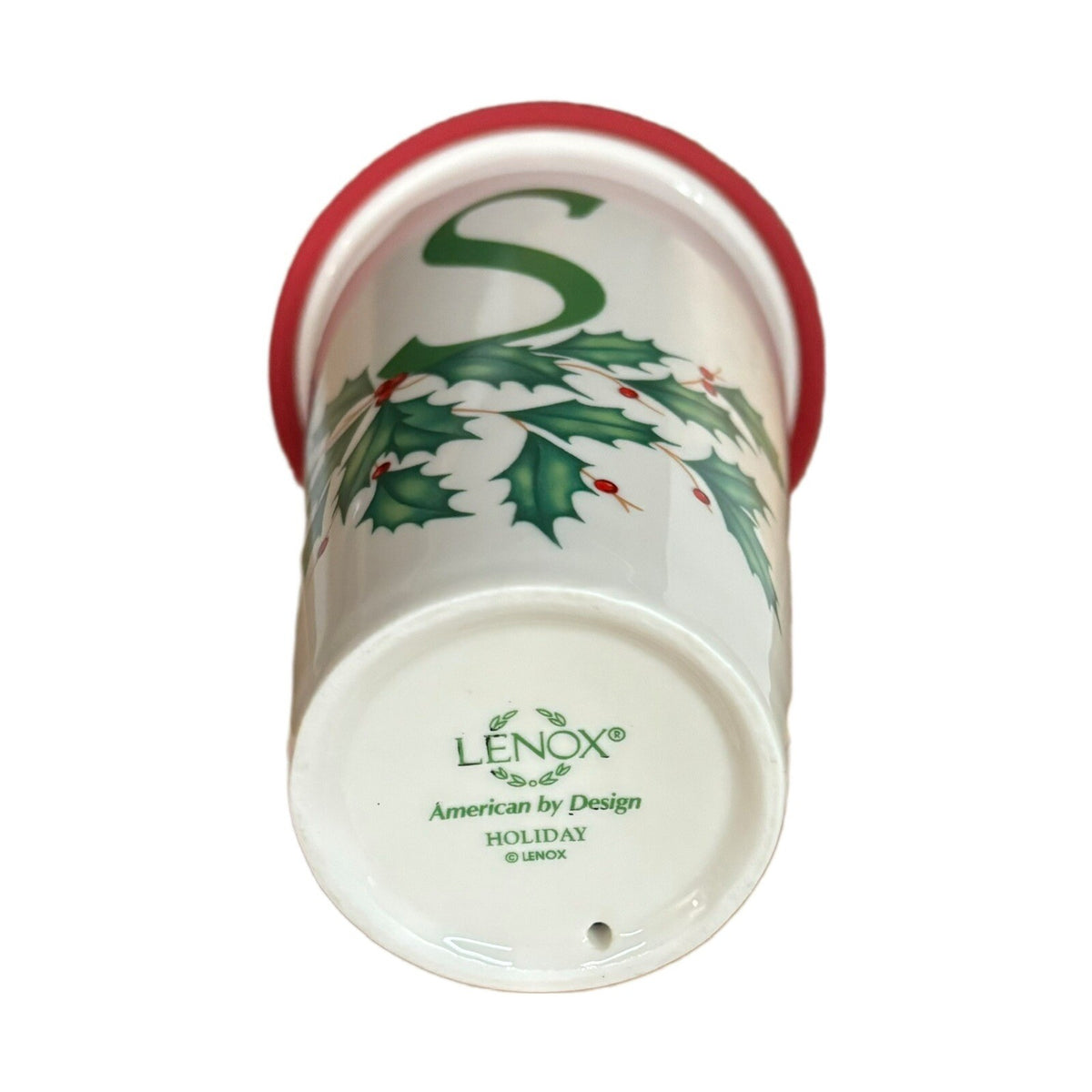 Lenox Holiday Mug Monogram S Ceramic Travel Coffee Tea Winter Cup Holly Berries